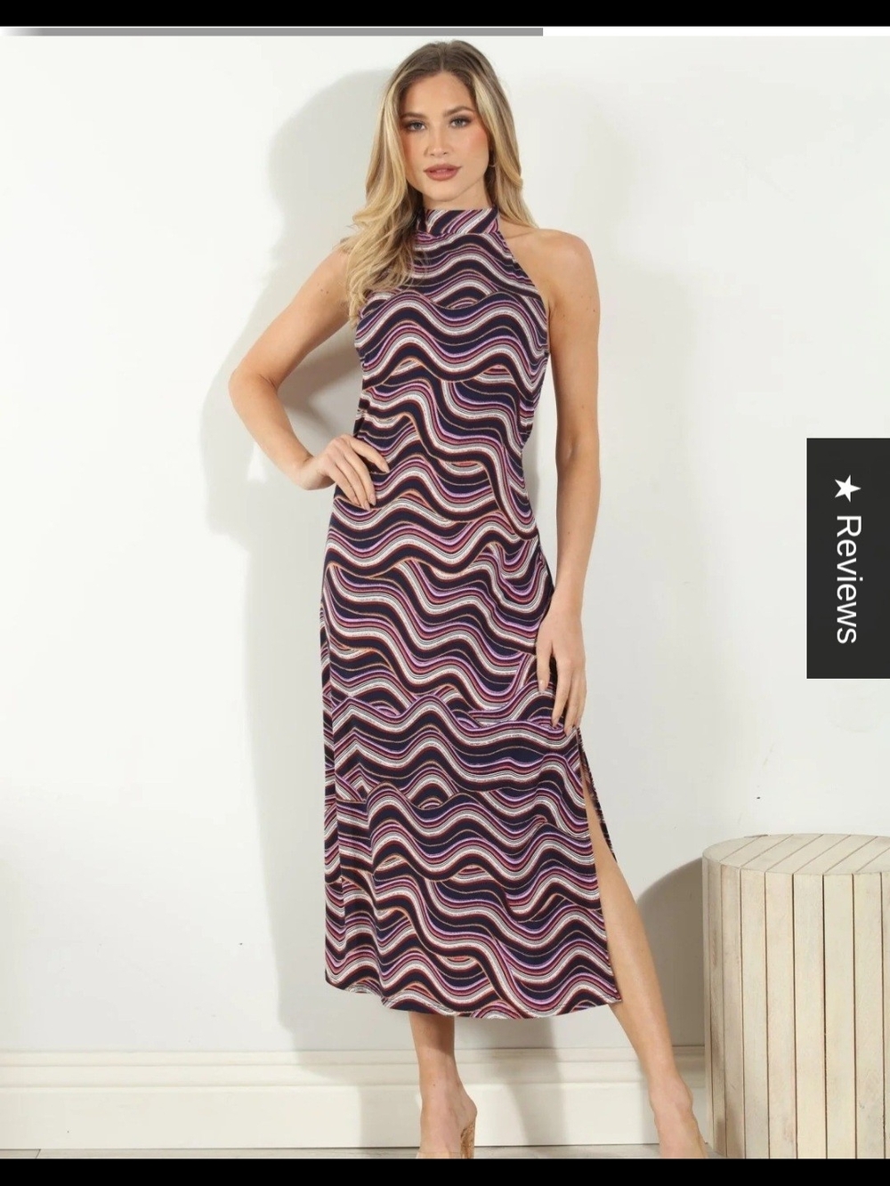 Veronica M Leanna Wavy Halter Midi Dress in Purple and Pink